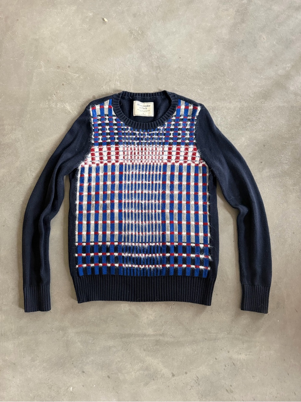 Abercrombie & Fitch Navy Crewneck Sweater with Red, White & Blue Pattern